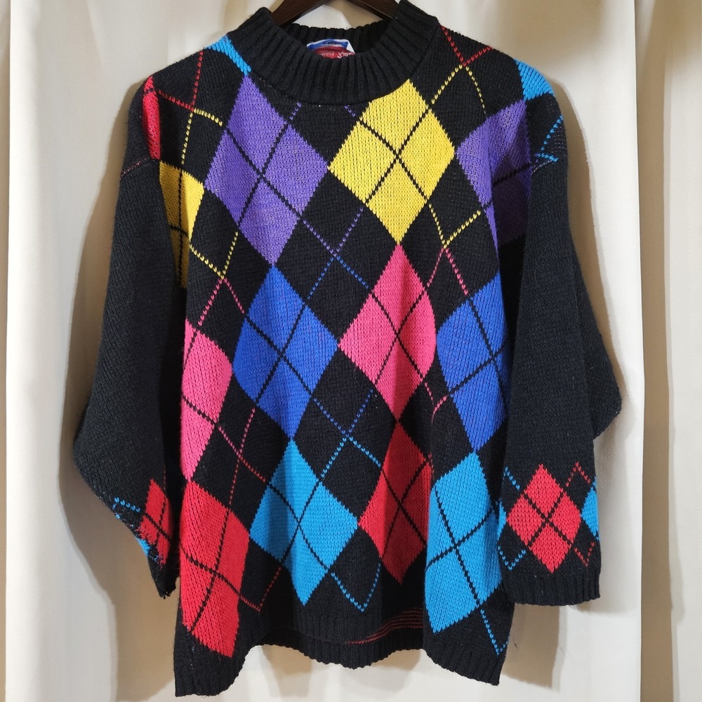 Vintage Glamour Knit Argyle Pullover Sweater Size‎ Medium USA Nerdy Teacher